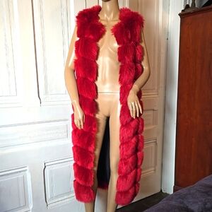 Luxurious Red Faux Fur Long Vest